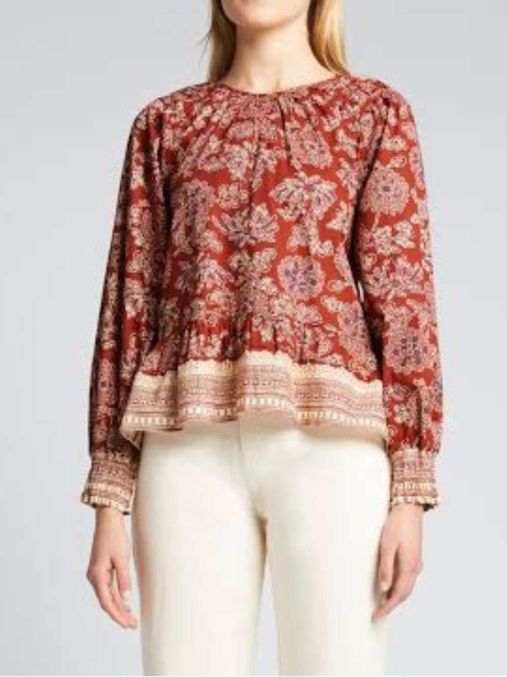 Veronica Beard Kester Rust Floral Long-Sleeve Boho Blouse Sz 8